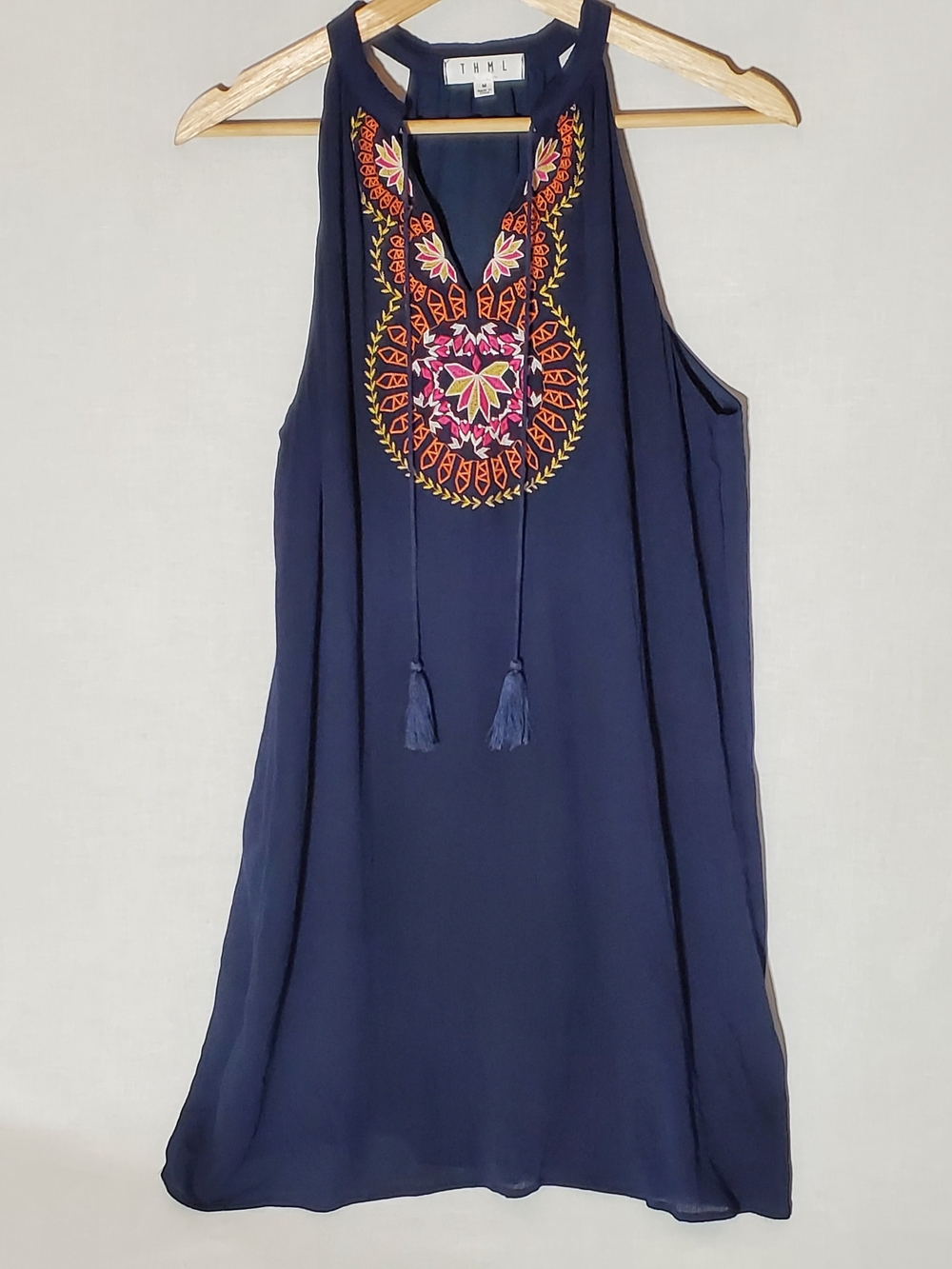 THML Navy Embroidered Halter Mini Dress Pink & Orange Accents Beach Flowy Light